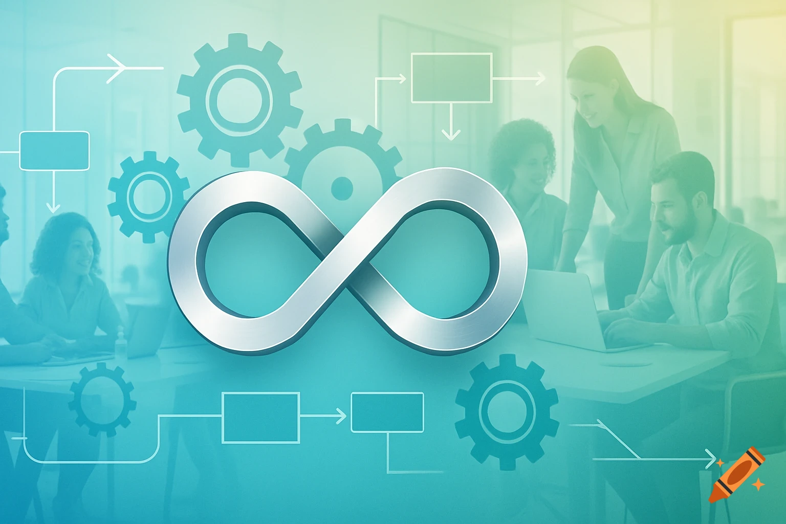 A metallic infinity symbol, gears, and flowchart elements overlaid on a blurry background of business professionals in an office, in teal and yellow hues.
