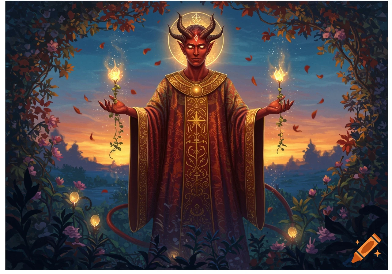 A red-skinned, horned figure in an ornate red and gold robe stands holding two flaming flowers, framed by lush foliage against a sunset sky.