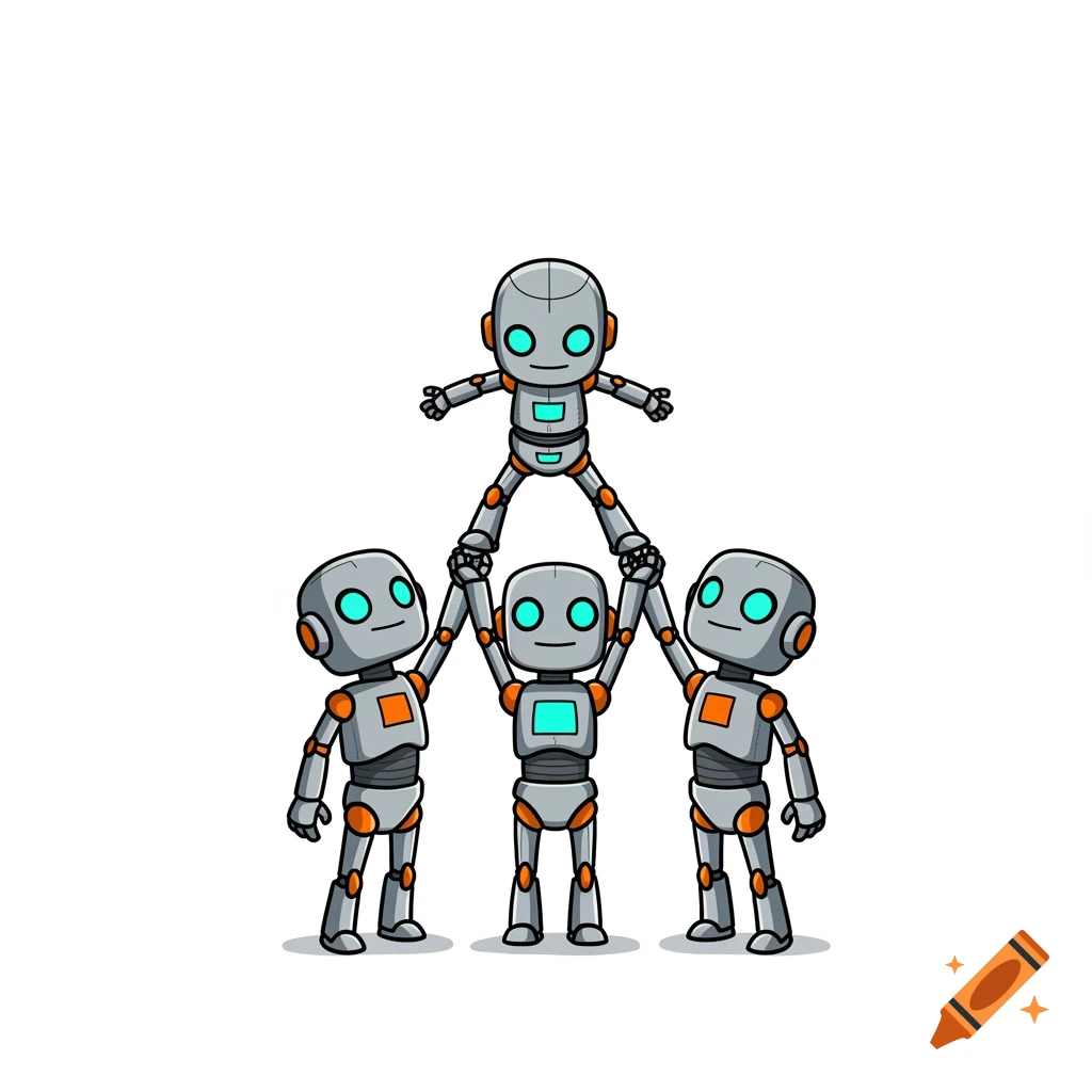 Four grey and orange humanoid robots form a pyramid in a cartoon clipart style illustration.