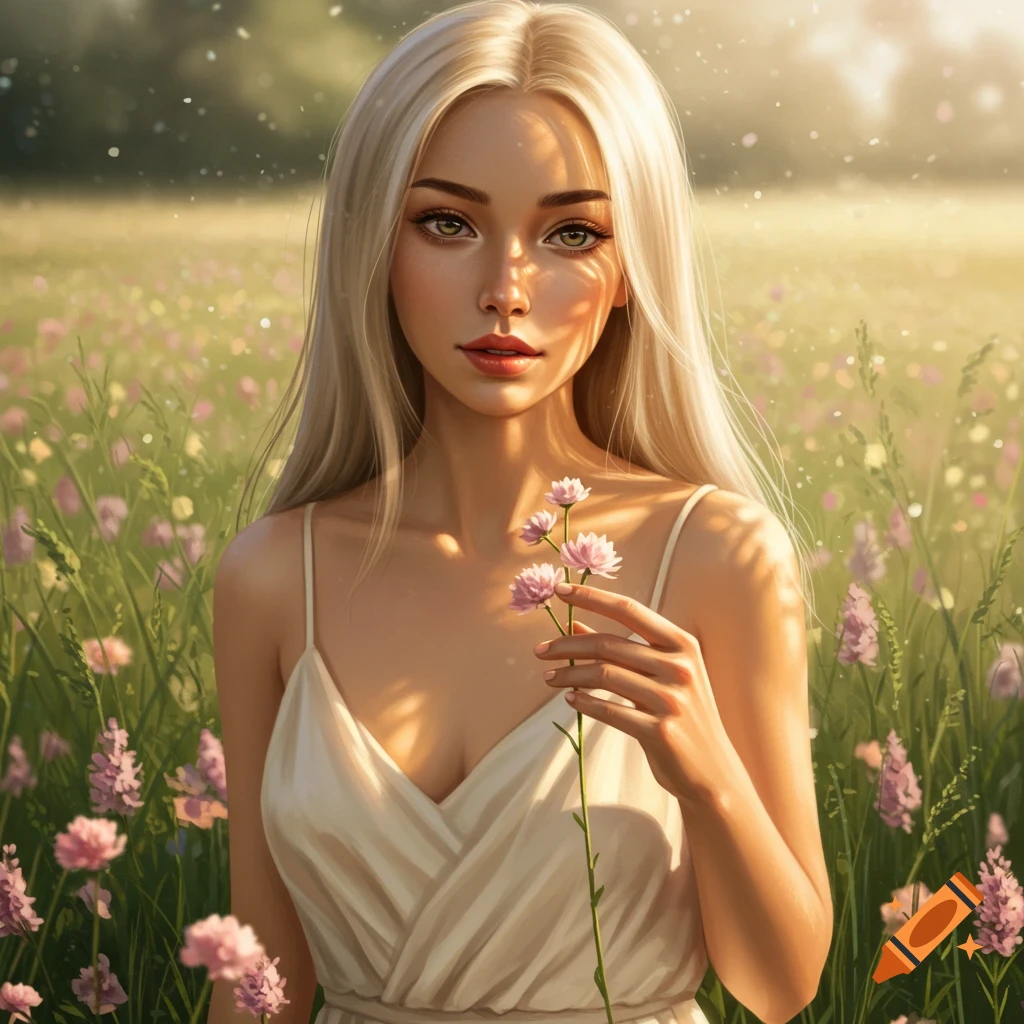 Photorealistic portrait of a beautiful woman with long blonde hair, standing in a sunny field of pink wildflowers, holding small flowers.