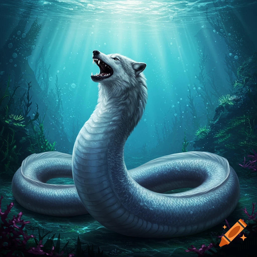 A white wolf-headed eel creature with its mouth open, swimming in a vibrant underwater scene with light rays from above.
