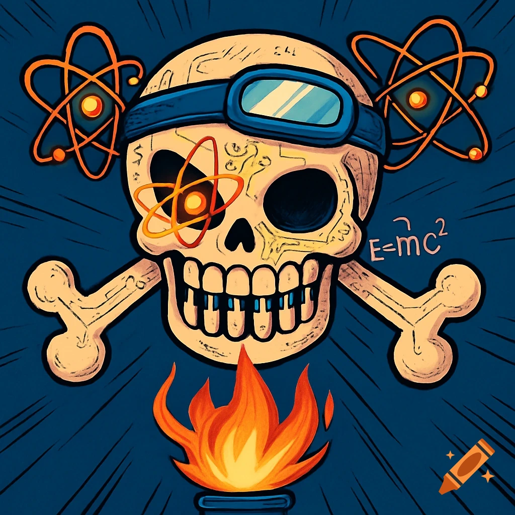 A cartoon pirate skull with a science theme, wearing goggles, with atomic orbitals for eyes and behind it, and a flame below like a beard.