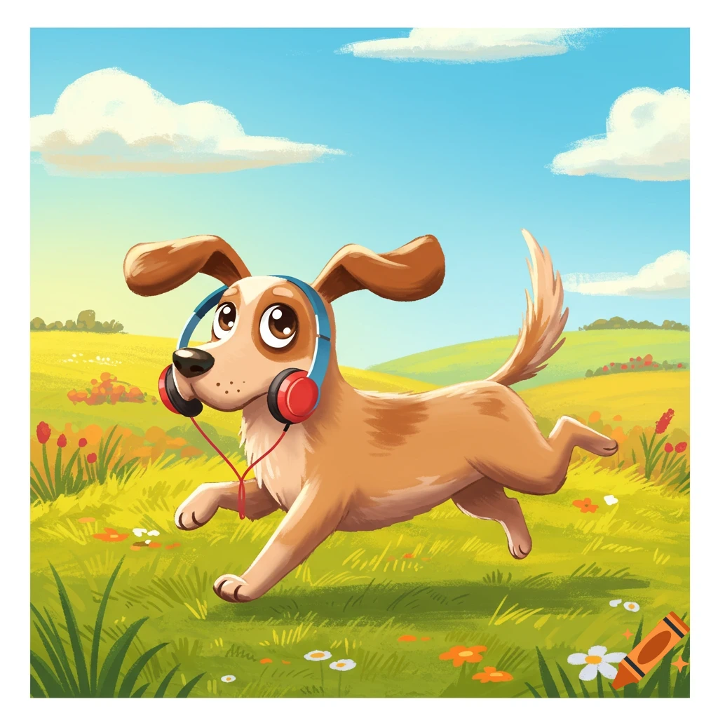 A happy cartoon dog wearing red headphones runs through a vibrant green field under a blue sky.
