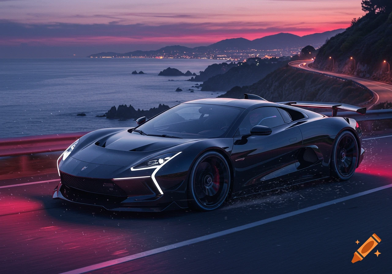 A sleek black sports car drives along a winding coastal road at dusk, with city lights across the bay and a vibrant purple and orange sky.