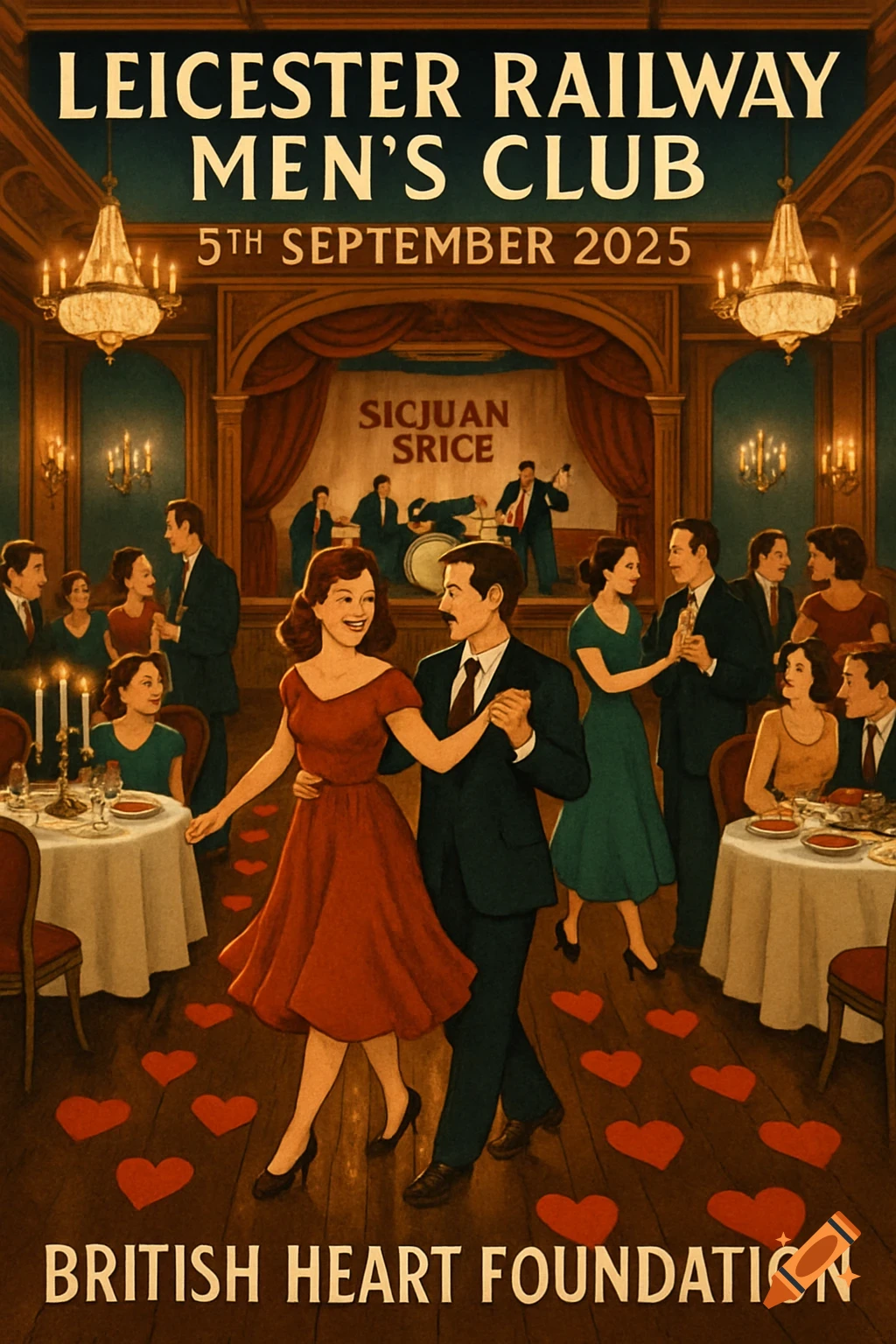A vintage-style poster shows a formal dance event in a grand hall, with couples dancing on a floor scattered with red hearts. People are seated at tables and a band plays on stage. Text on the poster advertises the 'Leicester Railway Men's Club' and 'British Heart Foundation'.
