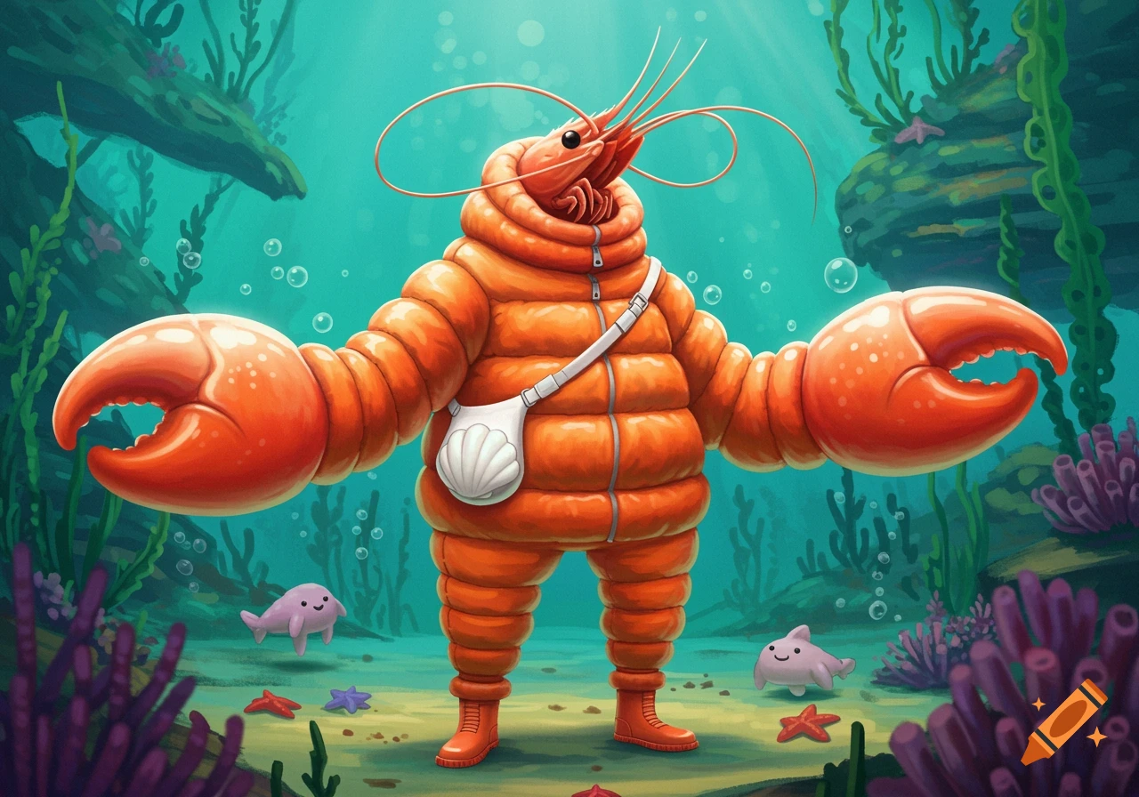Cartoon prawn-like character in an orange puffer suit and shell bag, standing underwater with small fish and starfish.