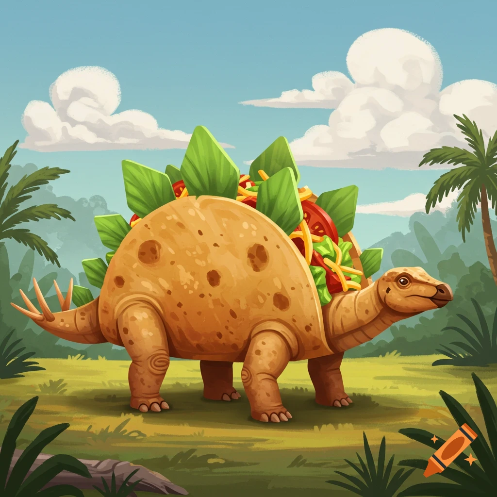 A cartoon stegosaurus with a taco shell body and lettuce, tomato, and cheese spikes on its back walks in a green landscape.