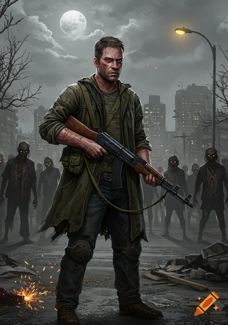 A man with an AK-47 stands on a ruined city street, facing a horde of zombies under a full moon. Digital illustration.