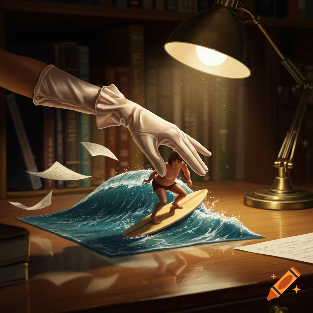 A large gloved hand interacts with a miniature surfer on a desk, featuring a wave, surfboard, and lamp. Surreal digital art.