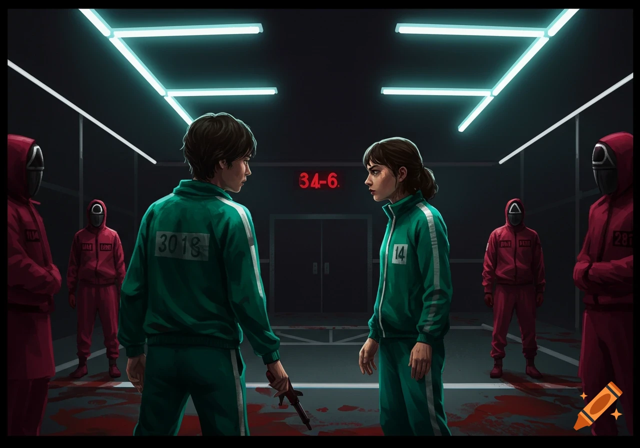 Two characters in green tracksuits face each other in a dark room with neon lights, surrounded by masked guards in red. One character holds a knife, and there are blood spatters on the floor.