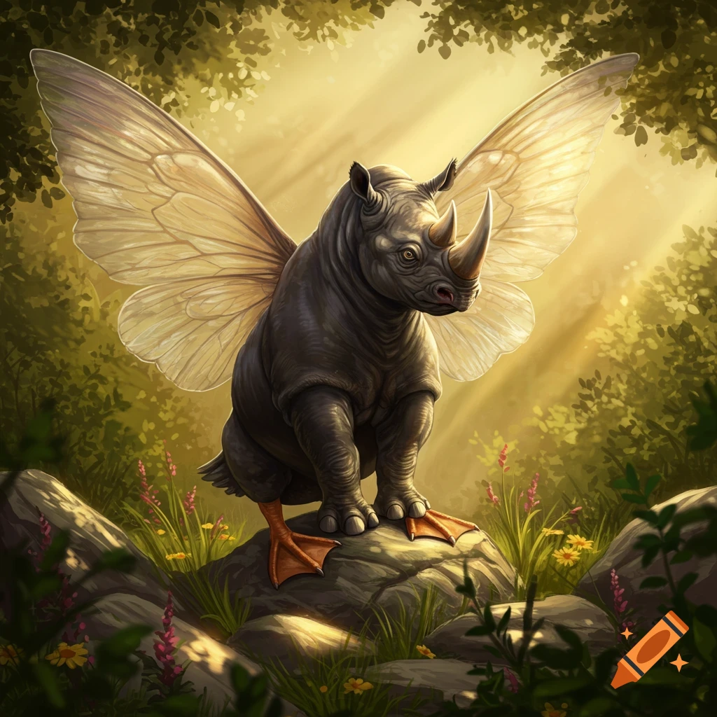 A fantastical creature with a rhino body, butterfly wings, and webbed duck feet stands on a rock in a sunlit forest.