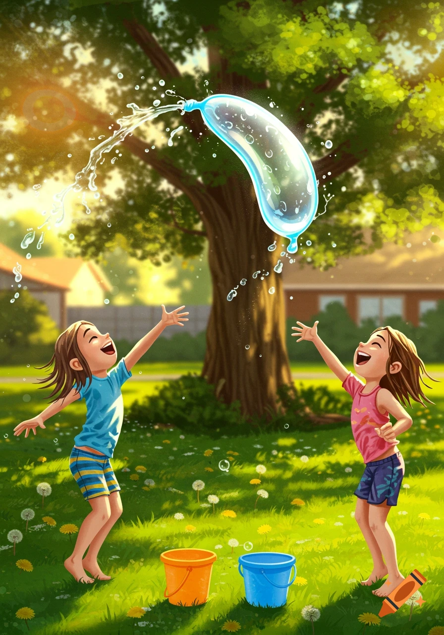 Two happy children play a water balloon toss game in a sunny backyard illustration.