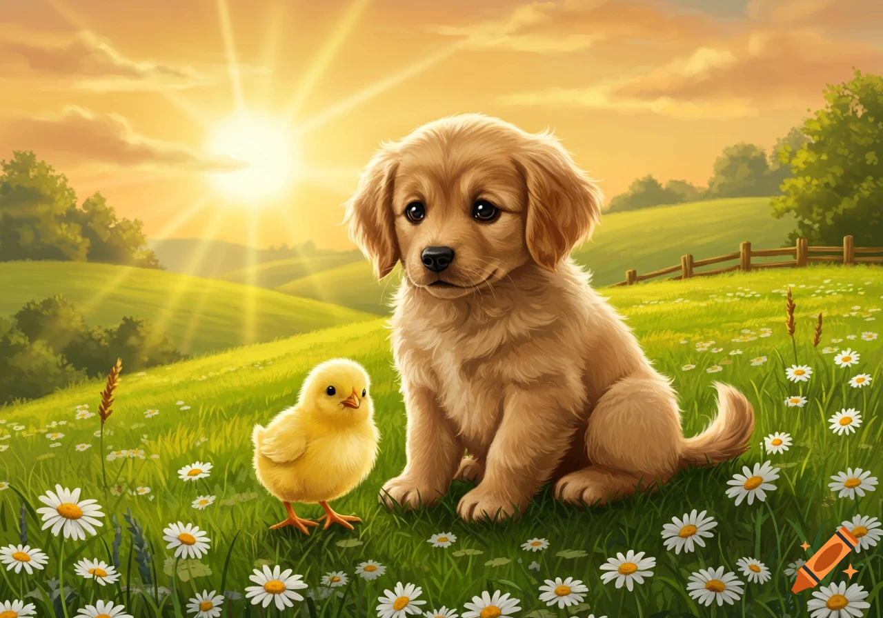 A cute golden retriever puppy and a yellow chick sit together in a daisy field at sunset, illustration.