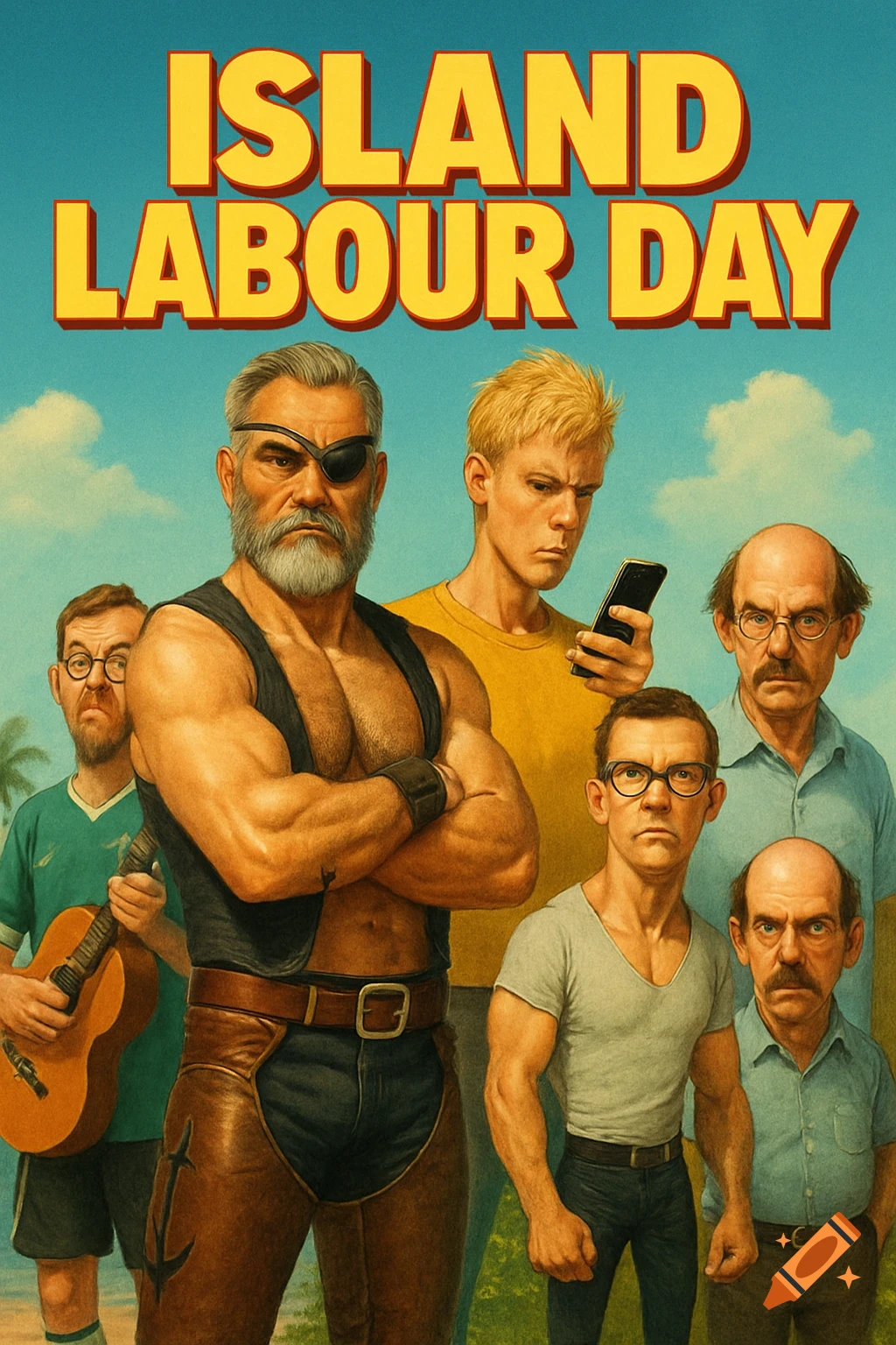 A colorful movie poster titled "ISLAND LABOUR DAY" featuring six diverse men, including a muscular man with an eyepatch and beard, an angry man holding a phone, a man with a guitar, and several other older men with distinct features.