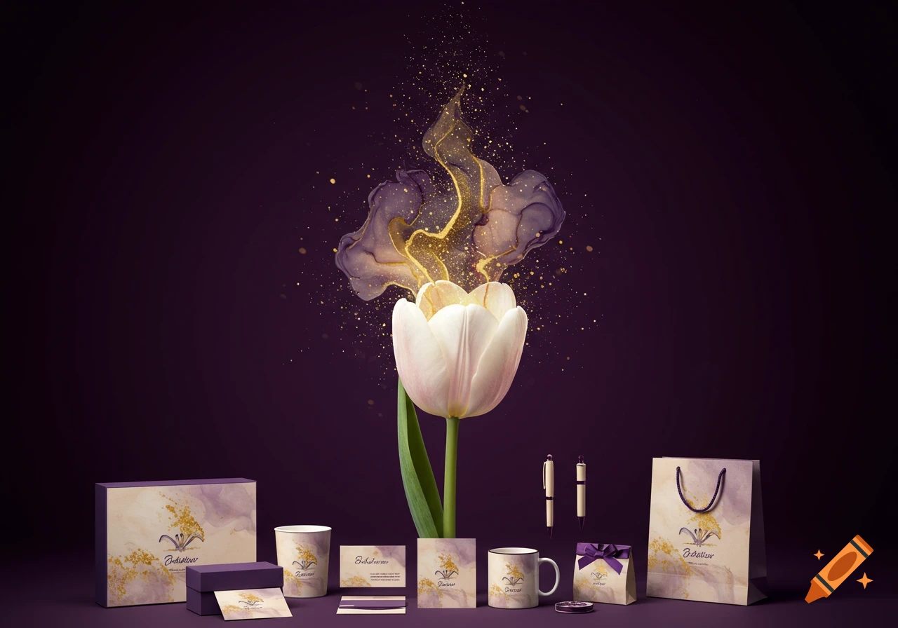A luxurious product photography setup featuring a white tulip with purple and gold smoke, surrounded by branded items on a plum background.