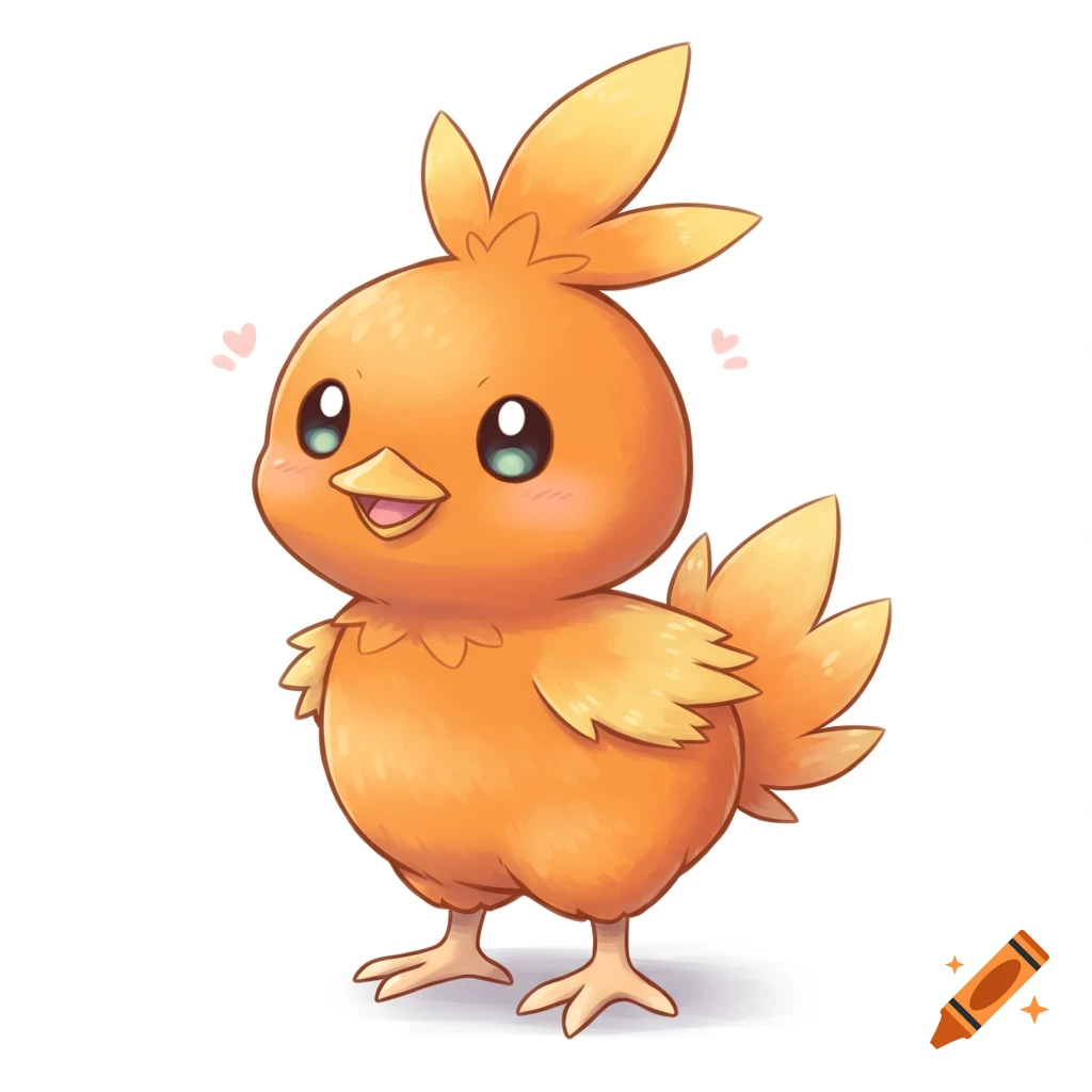 A cute orange Torchic Pokémon in anime style stands on a white background, smiling with big eyes.