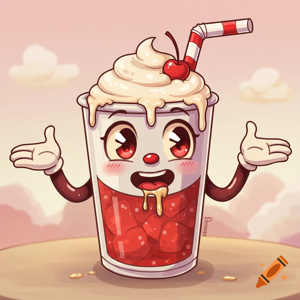 A cartoon anthropomorphic soda cup with whipped cream hair, a cherry, big eyes, and a drippy syrup smile, in a Cuphead-like style.
