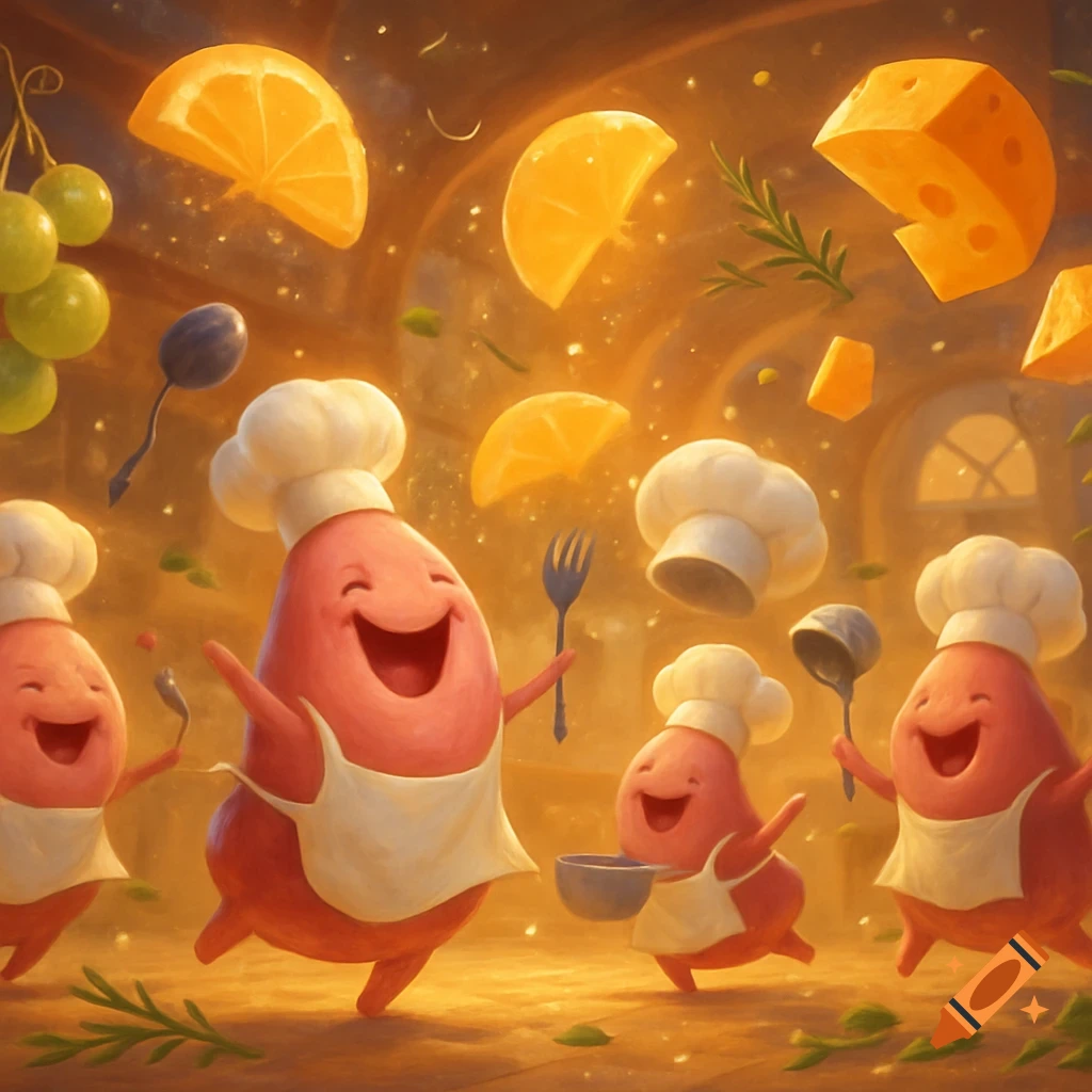 Cartoon red chef characters dance with floating oranges, cheese, grapes, and herbs in a warm, glowing kitchen.