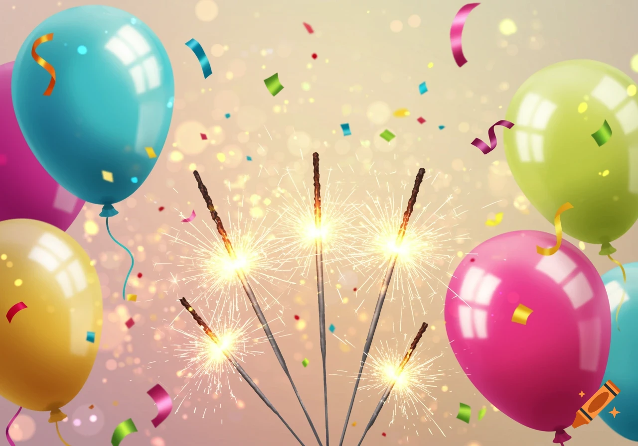 Colorful balloons, lit sparklers, and confetti create a festive celebration background.