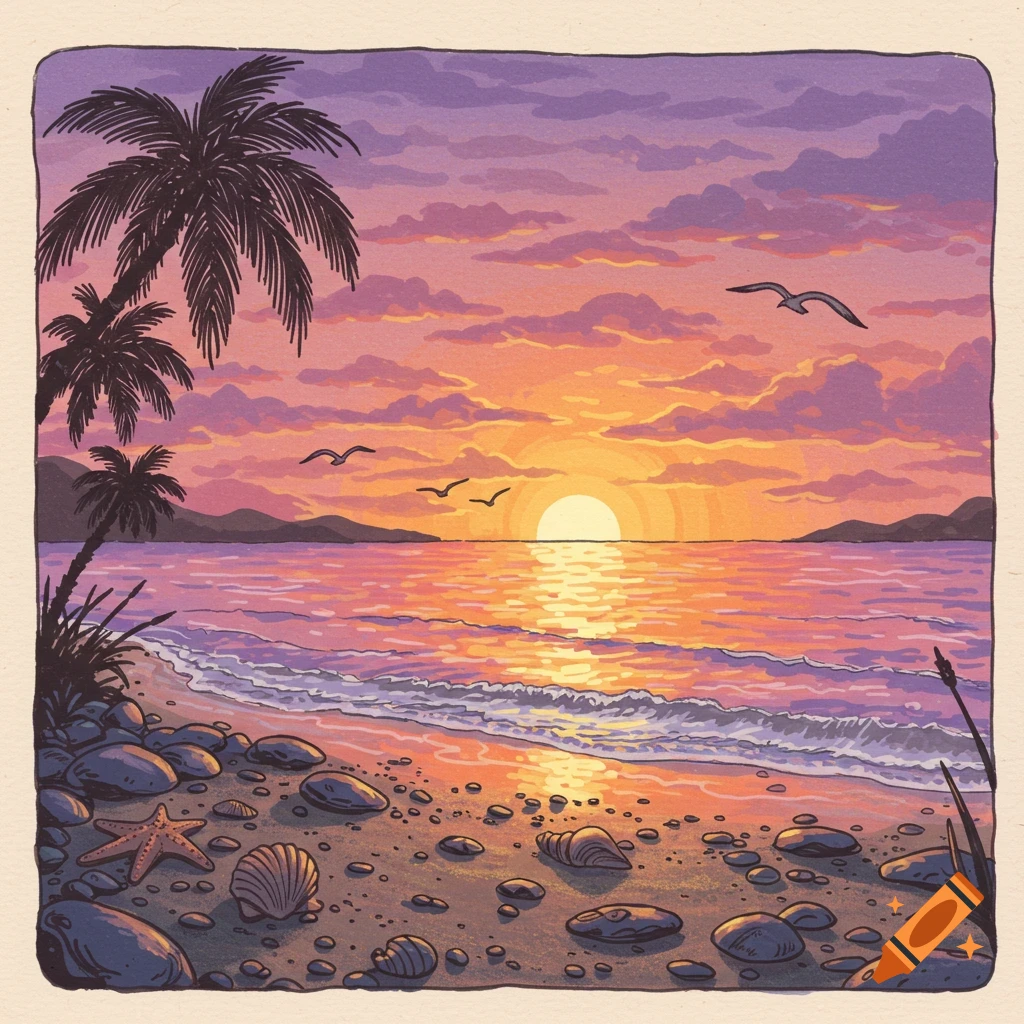 A vibrant hand-drawn illustration of a tropical beach at sunset with palm trees, birds, seashells, and waves.