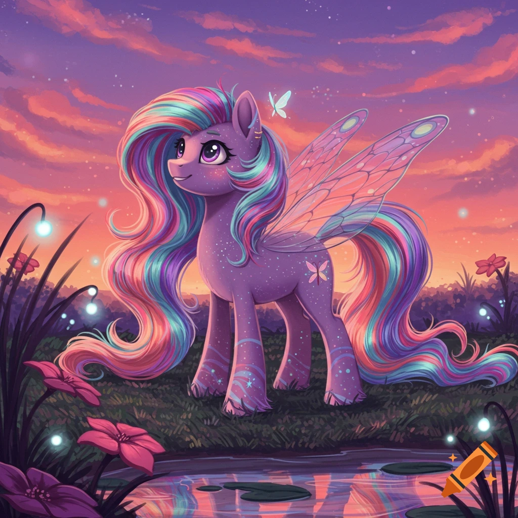 A purple winged pony with a rainbow mane stands by a pond in a glowing twilight meadow, illustrated in a fantasy style.