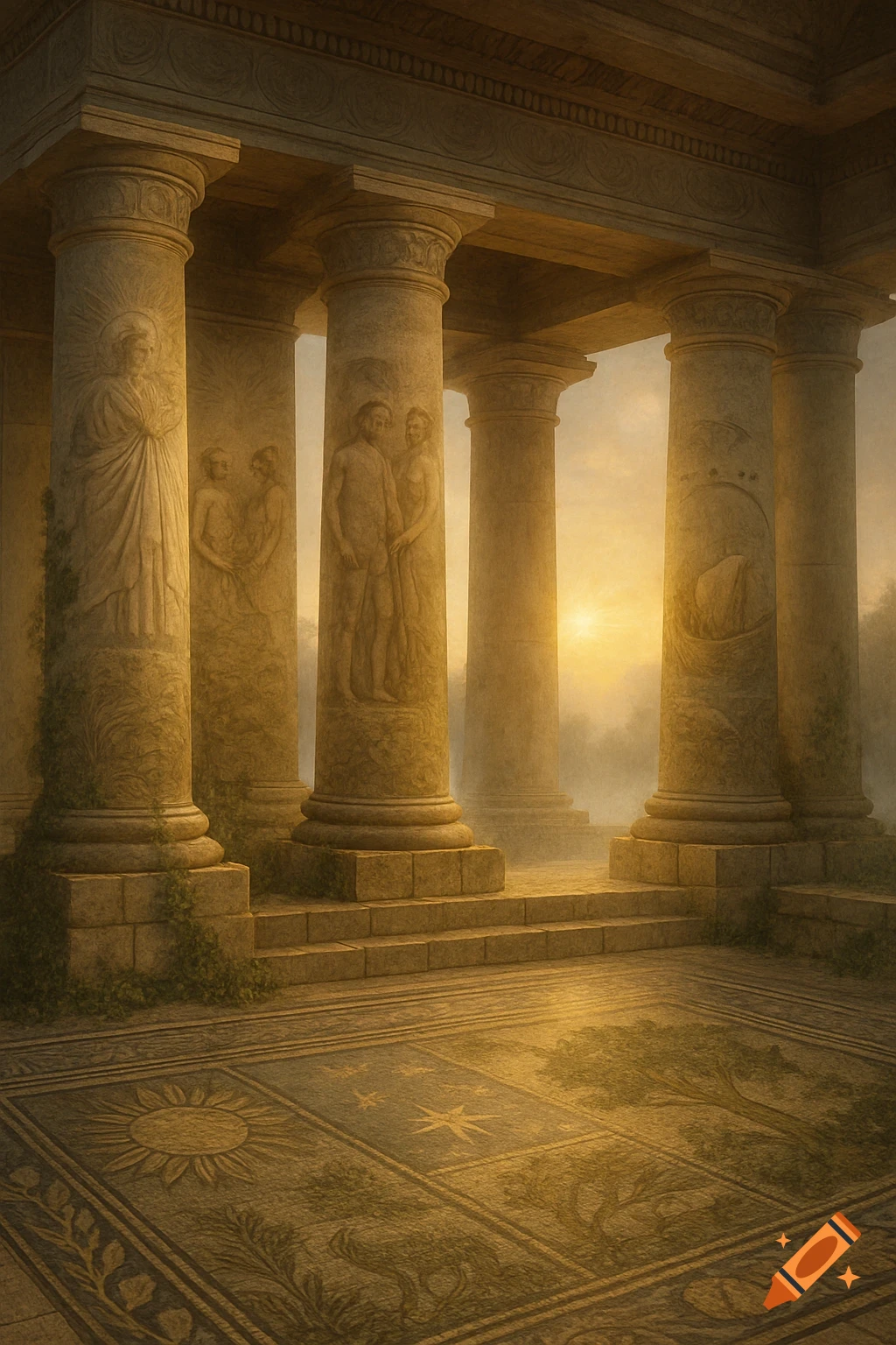 Ancient stone temple with carved columns and mosaic floor, bathed in a warm, ethereal sunset light, overlooking a misty landscape.