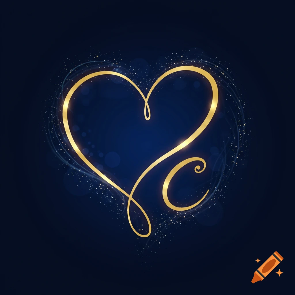 A glowing golden cursive line forms a heart shape on a dark blue background with sparkling light effects.