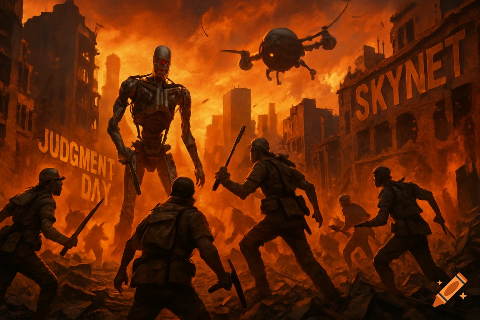 Digital illustration of human survivors battling towering robots and drones in a fiery, ruined dystopian city with 'Judgment Day' and 'Skynet' on buildings.