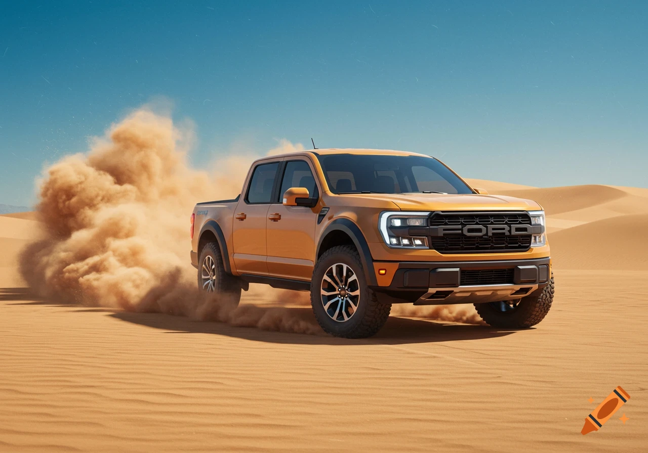 An orange Ford Raptor pickup truck speeds through a sandy desert, kicking up a large plume of dust under a clear blue sky.
