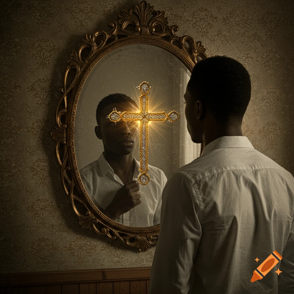 A man looks into a mirror, seeing a glowing golden cross instead of his reflection.