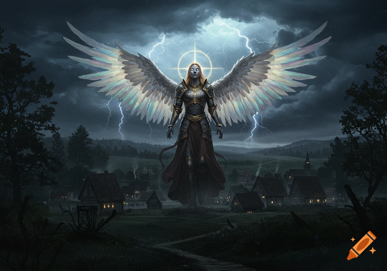 A fierce armored angel with large, iridescent wings floats over a stormy village under lightning-filled skies in a dark fantasy painting.