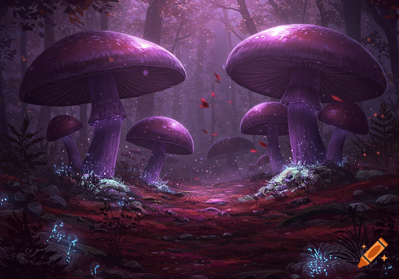 A mystical forest scene with glowing purple-capped mushrooms and maroon soil.