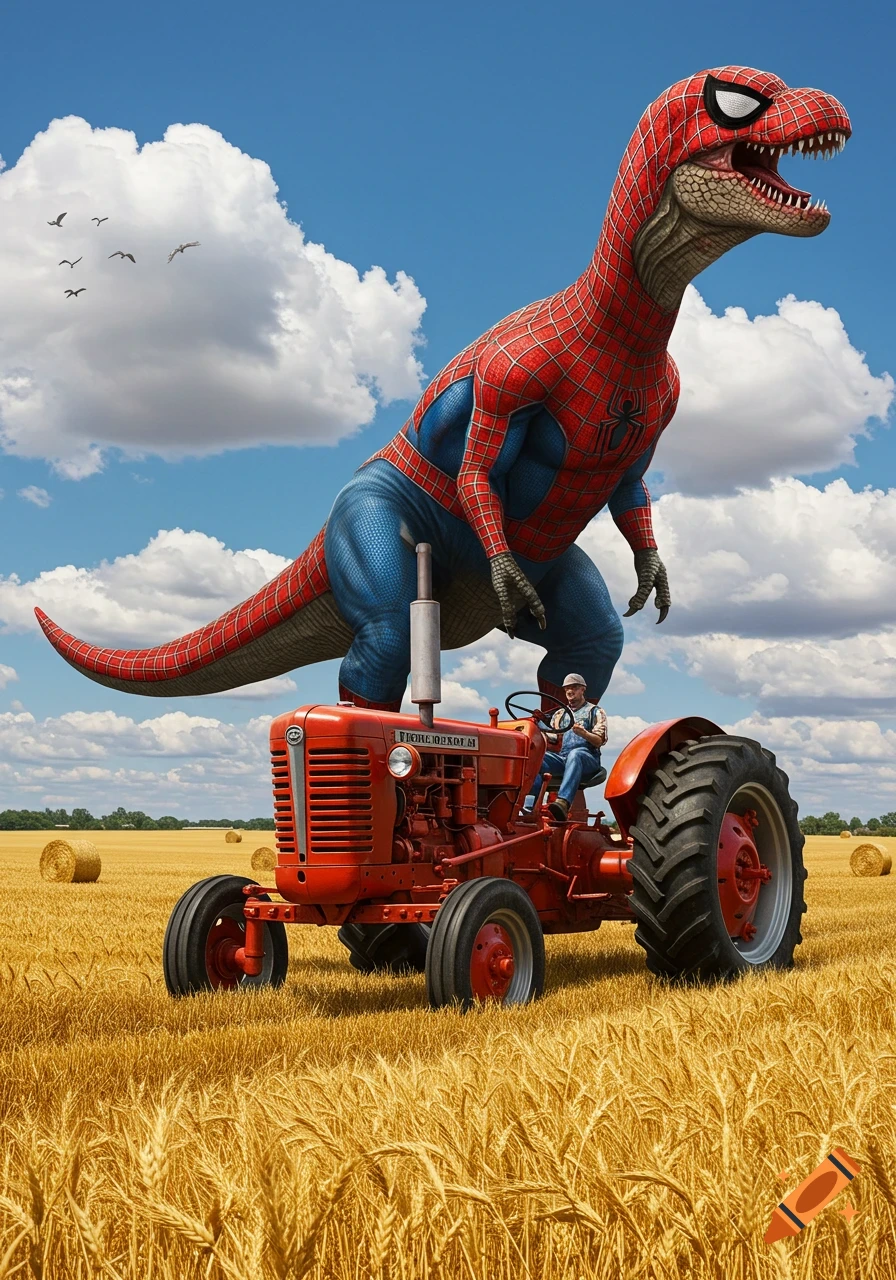 A photorealistic dinosaur in a Spiderman costume rides a red tractor through a golden wheat field under a blue sky.