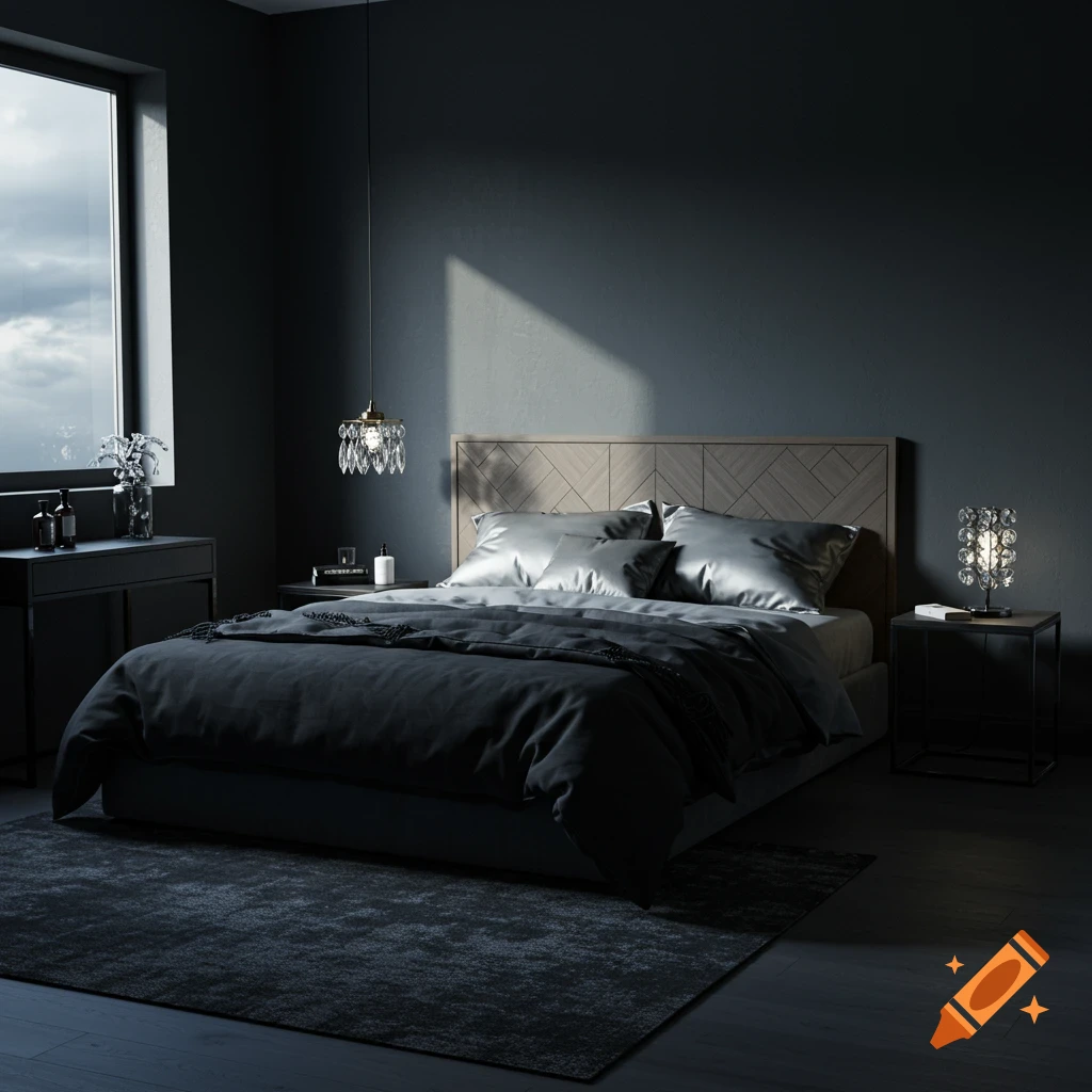 A dimly lit modern dark gray bedroom with a large window, a bed with satin sheets, and crystal lamps, bathed in a strong ray of sunlight.