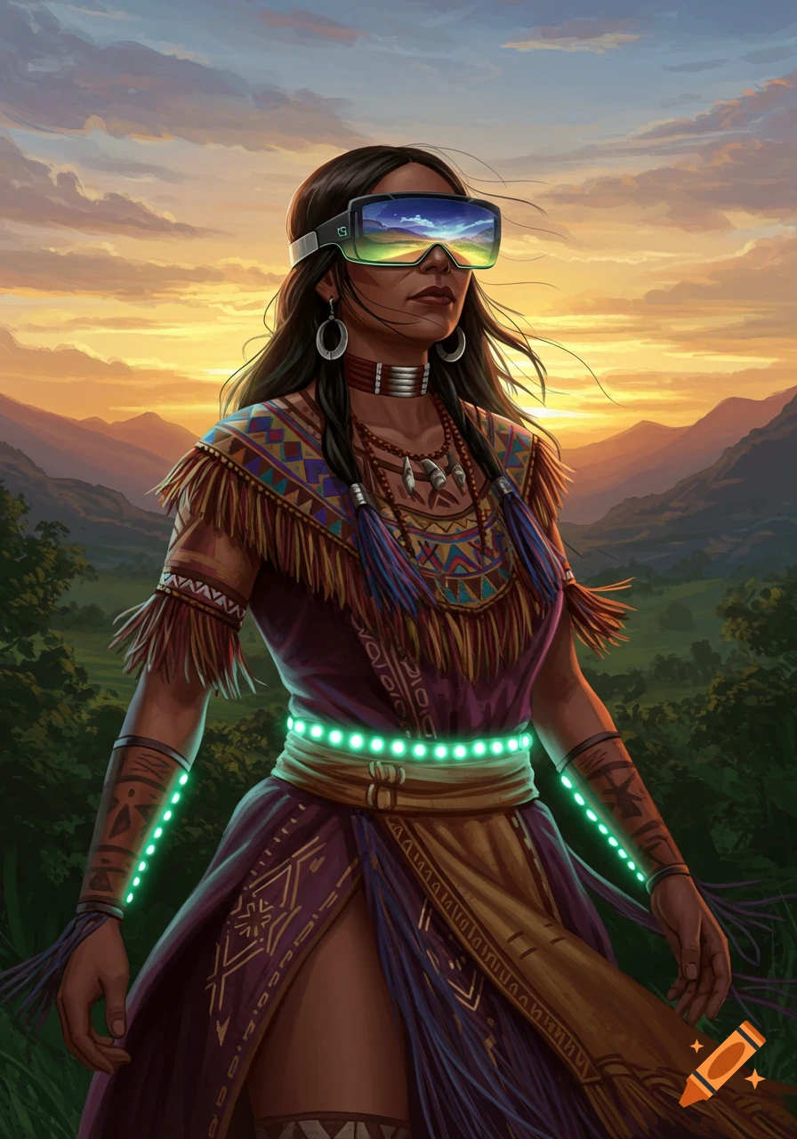 A stylized digital painting of an Indigenous woman in traditional clothing with a futuristic VR headset and glowing tech accents, standing at sunset.