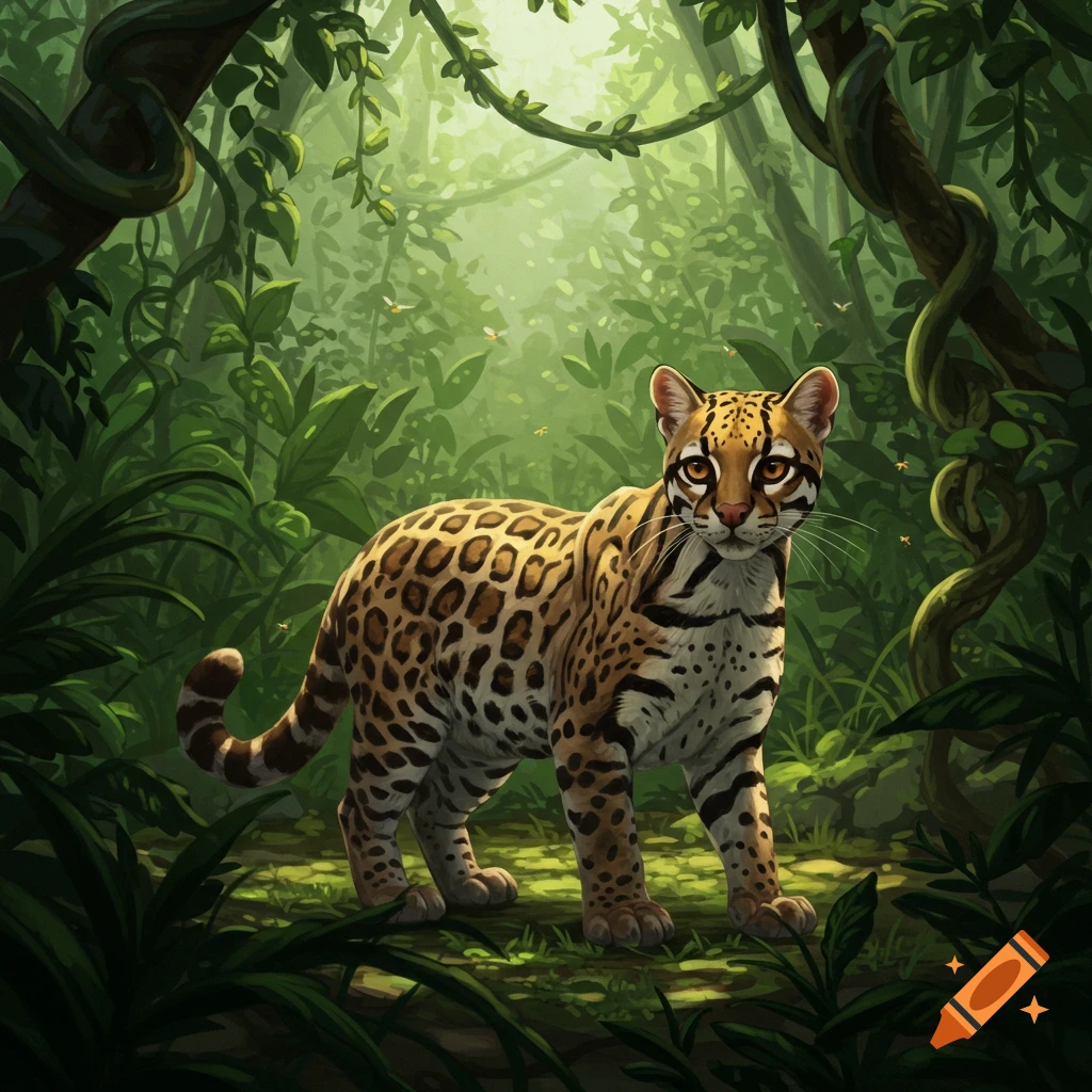 An ocelot with patterned fur stands in a lush, sun-dappled jungle clearing, looking forward.