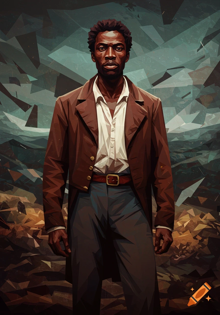A stylized portrait of a serious African American man in a brown jacket against an abstract, geometric background.