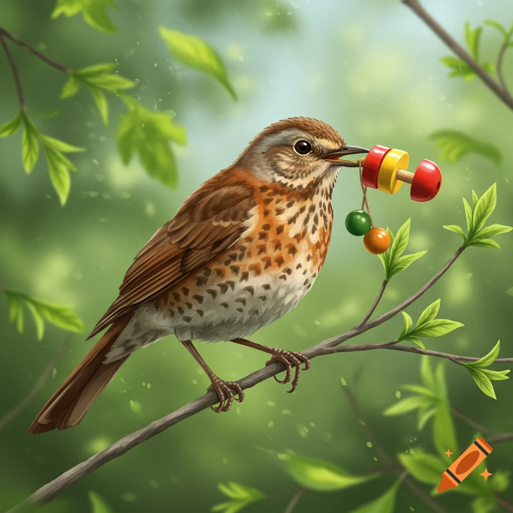 An illustrated wood thrush bird perched on a branch, holding a colorful clacker toy in its beak amidst green leaves.