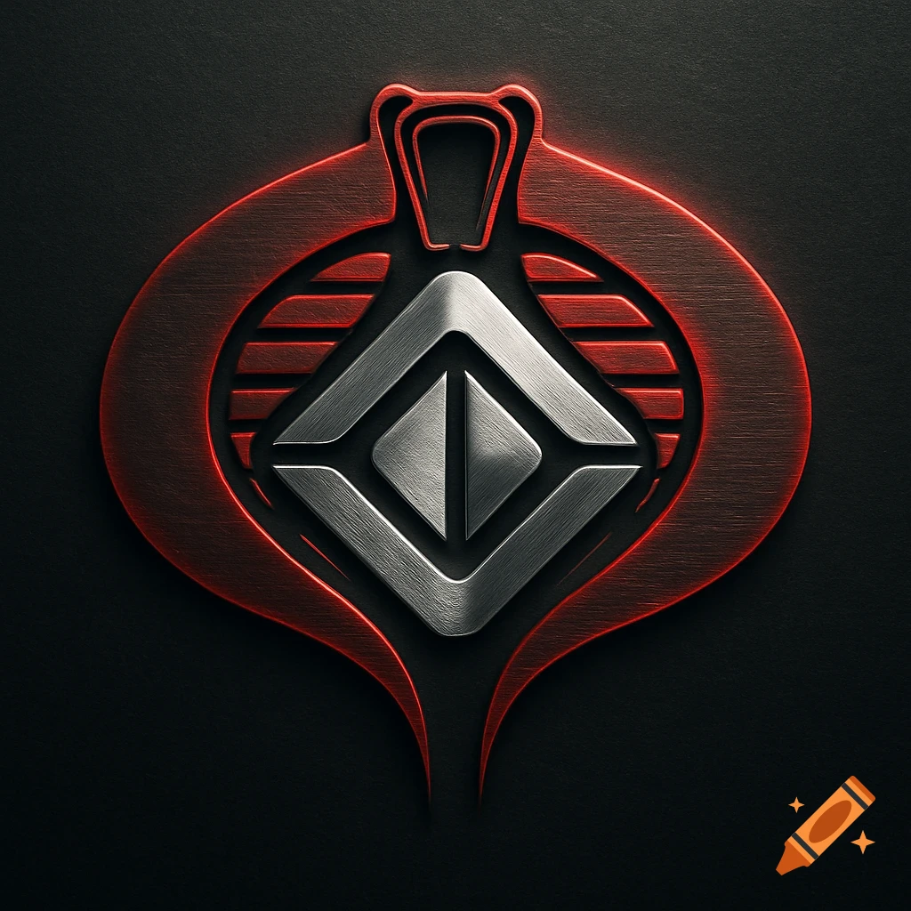 A sleek, metallic logo blending the Cobra symbol with the Rivian design, glowing red on a dark, textured background.