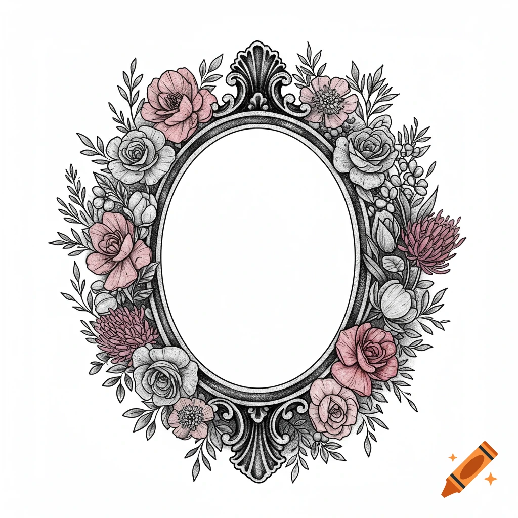 An antique oval frame with an ornate floral border of roses and wildflowers in black, white, and pink.