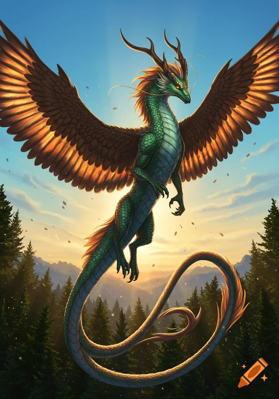 A majestic green dragon with large feathered wings and antlers hovers over a forest at sunset.