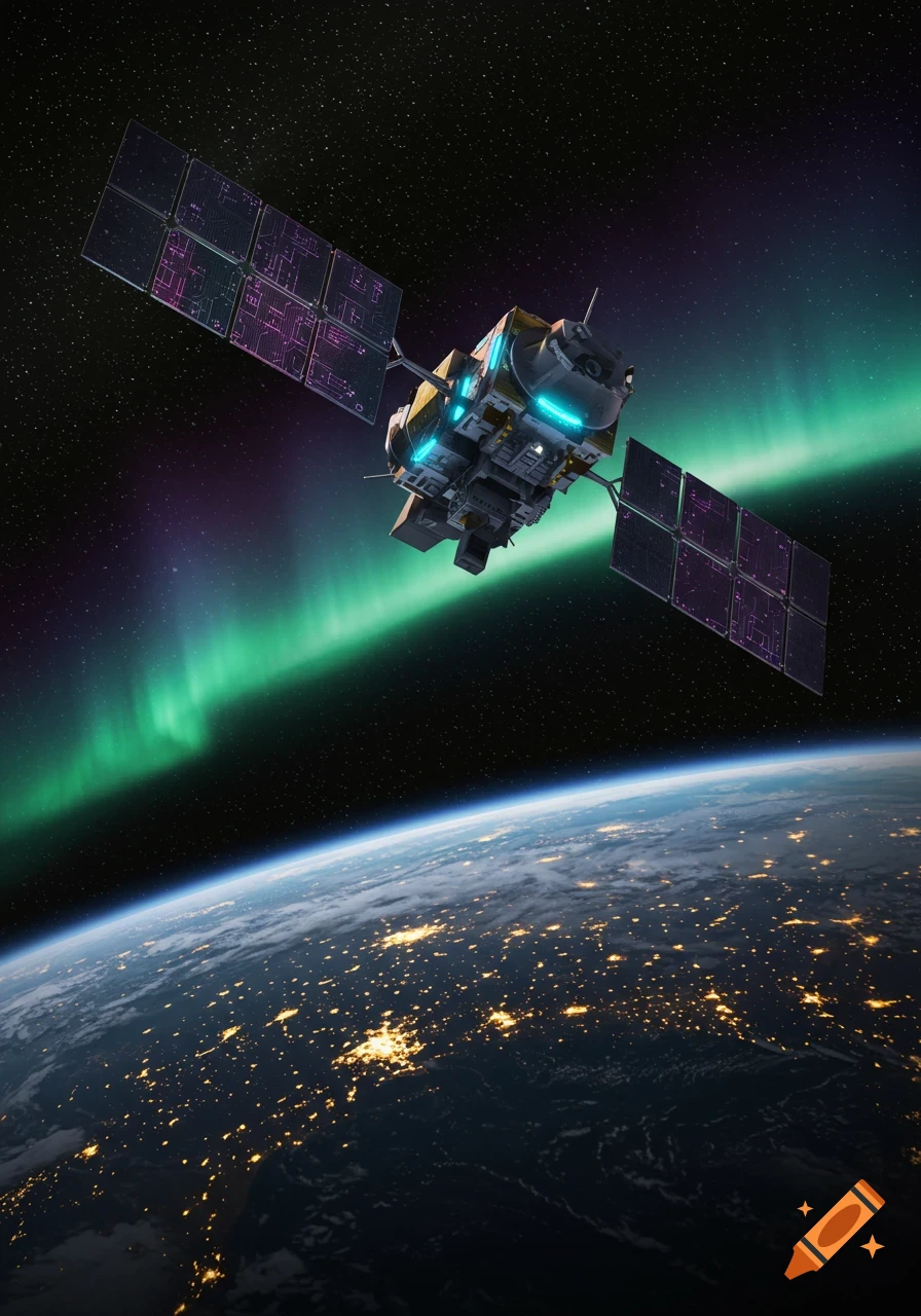 A futuristic satellite with glowing blue lights orbits above Earth at night, showing city lights and a vibrant green and purple aurora.