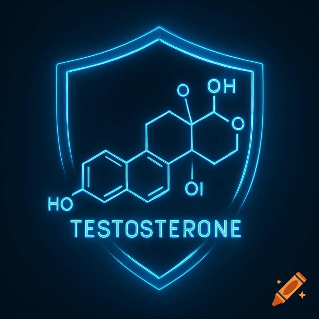 Blue neon outline of the testosterone molecule chemical structure inside a shield icon, against a dark background.