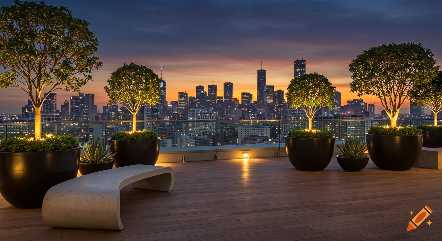 A luxurious rooftop patio at dusk with potted trees, a curved bench, and a city skyline illuminated against an orange and indigo sky.
