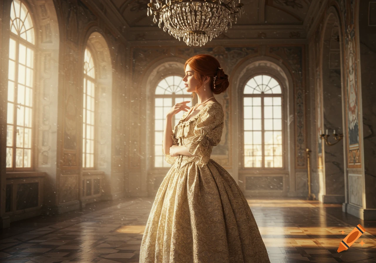 A photorealistic image of a woman in a grand golden historical gown standing in a sunlit ballroom.