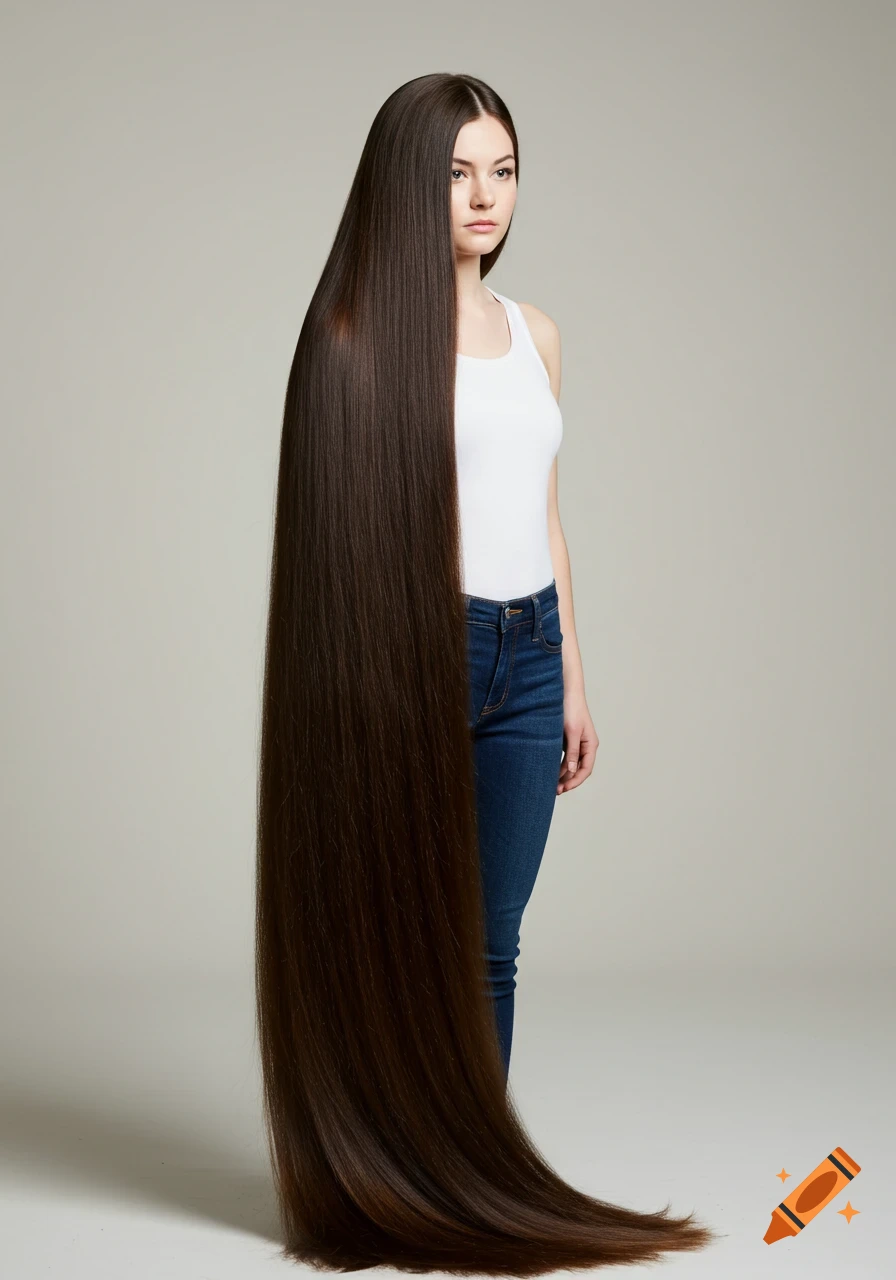A young woman with very long, straight dark brown hair standing in a studio.