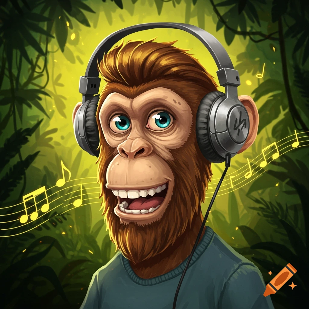 A cartoon monkey with a beard and large blue eyes, wearing headphones, stands in a jungle with musical notes floating around.