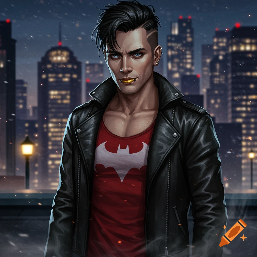 A digital art portrait of Jason Todd in a leather jacket and red Batman shirt, with black hair, blue eyes, and gold piercings, against a snowy city night.
