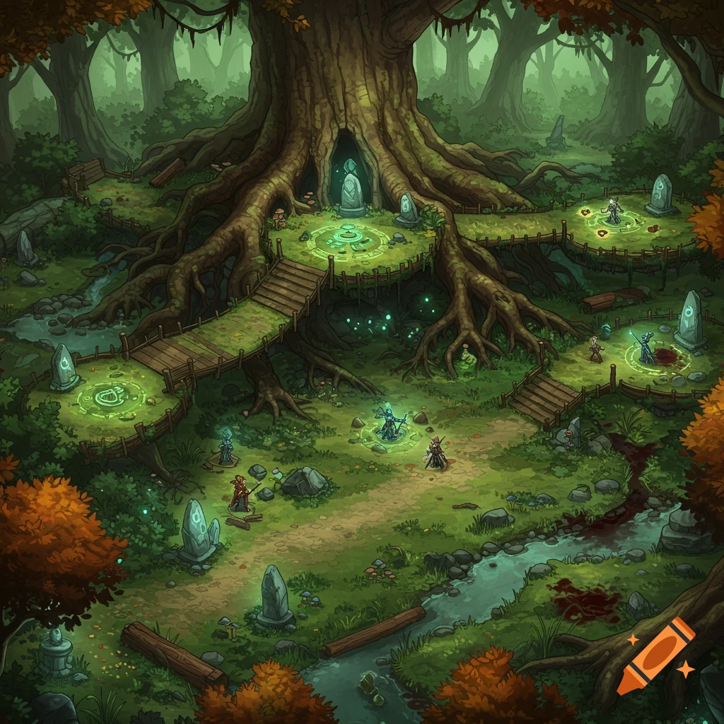 A vibrant, painterly top-down fantasy battlemap of a forest glade with a colossal tree, glowing ritual circles, wooden bridges, and small figures. Signs of dark ritual with bloodstains are visible.