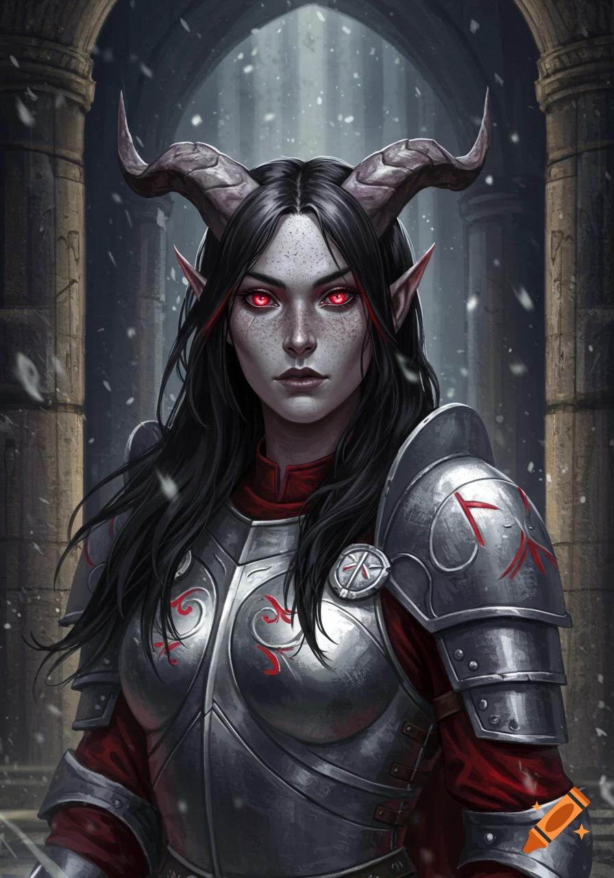 A close-up portrait of a female tiefling paladin with light grey skin, red glowing eyes, and black hair, wearing silver armor with red accents in a stone hall.